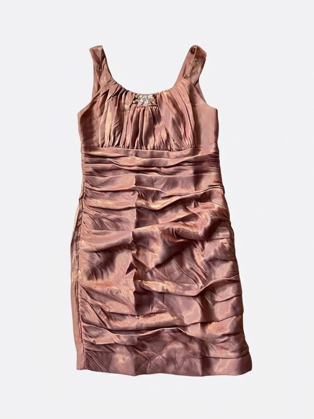 Bronze Iridescent Metallic Sleeveless Ruched Cocktail Mini Dress Rhinestone